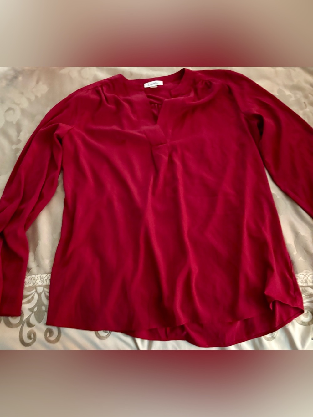 Calvin Klein Deep Red Split-Neck Women's Blouse